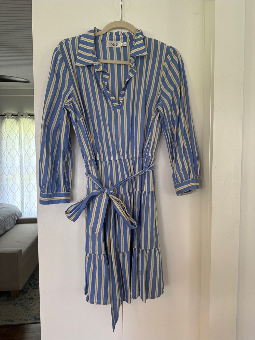 Eliza J Blue and Cream Striped Tie-Waist Shirt Dress